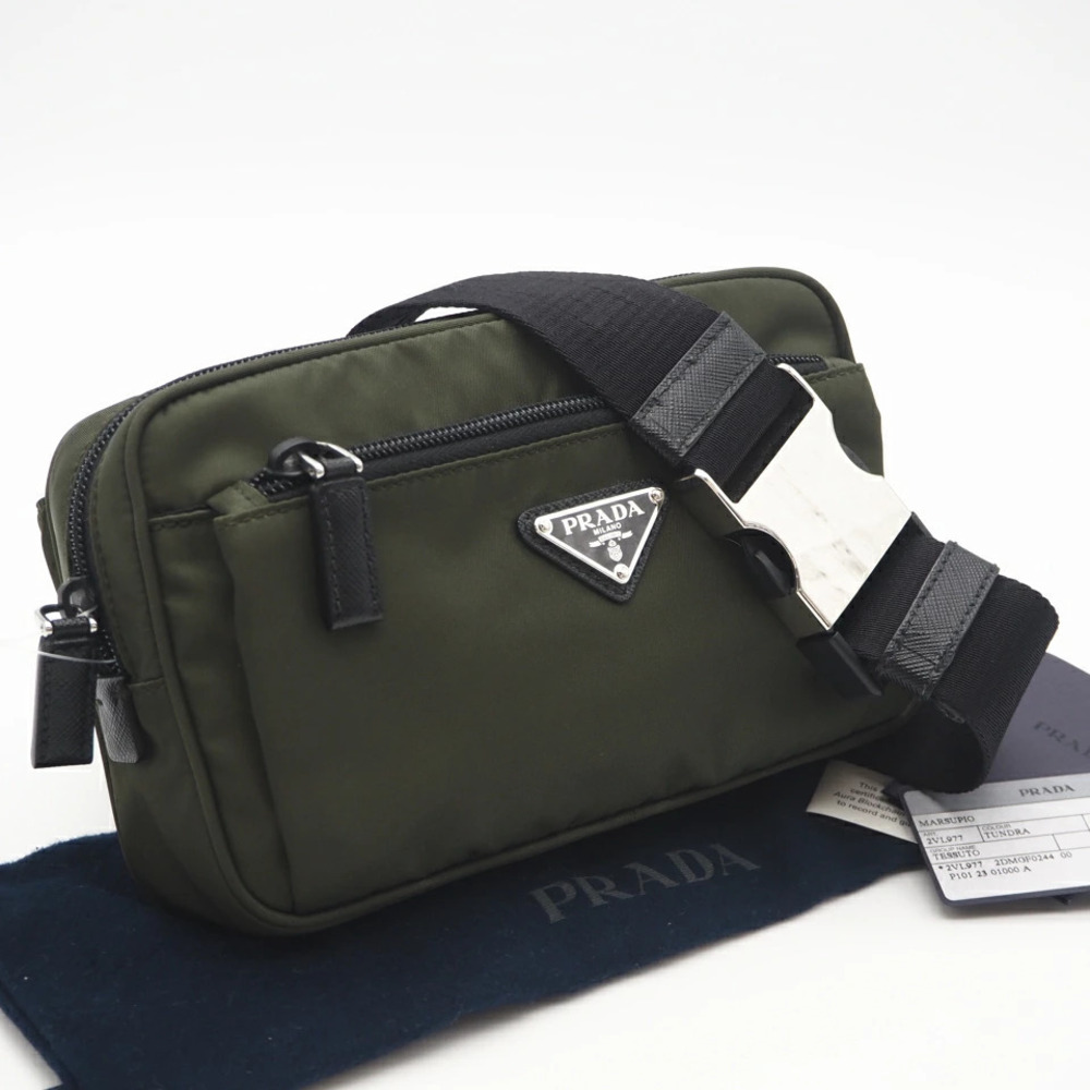 Prada Re Saffiano Leather Belt Bag Waist Khaki Green Black